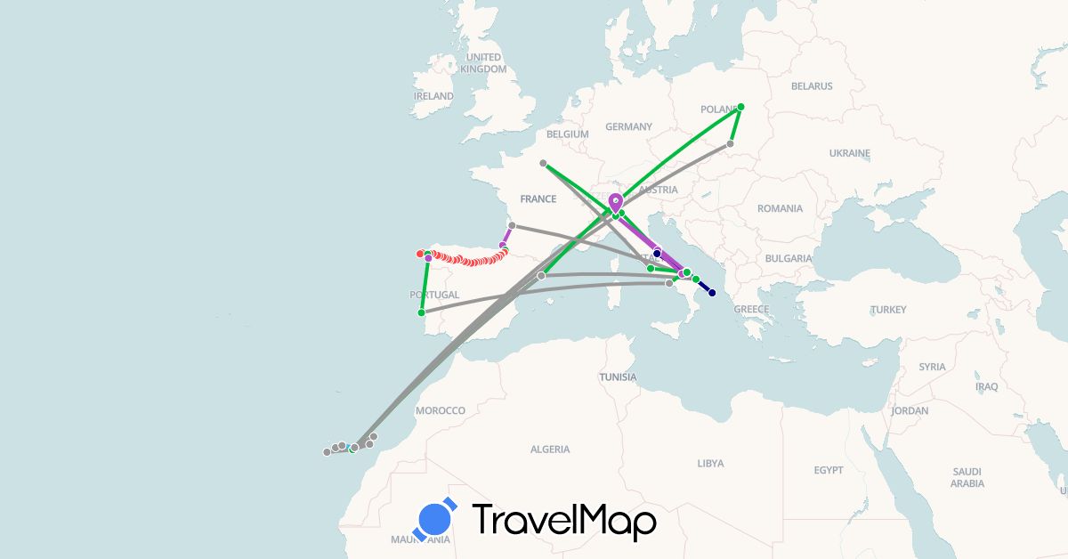 TravelMap itinerary: driving, bus, plane, train, hiking, boat in Spain, France, Italy, Poland, Portugal (Europe)
